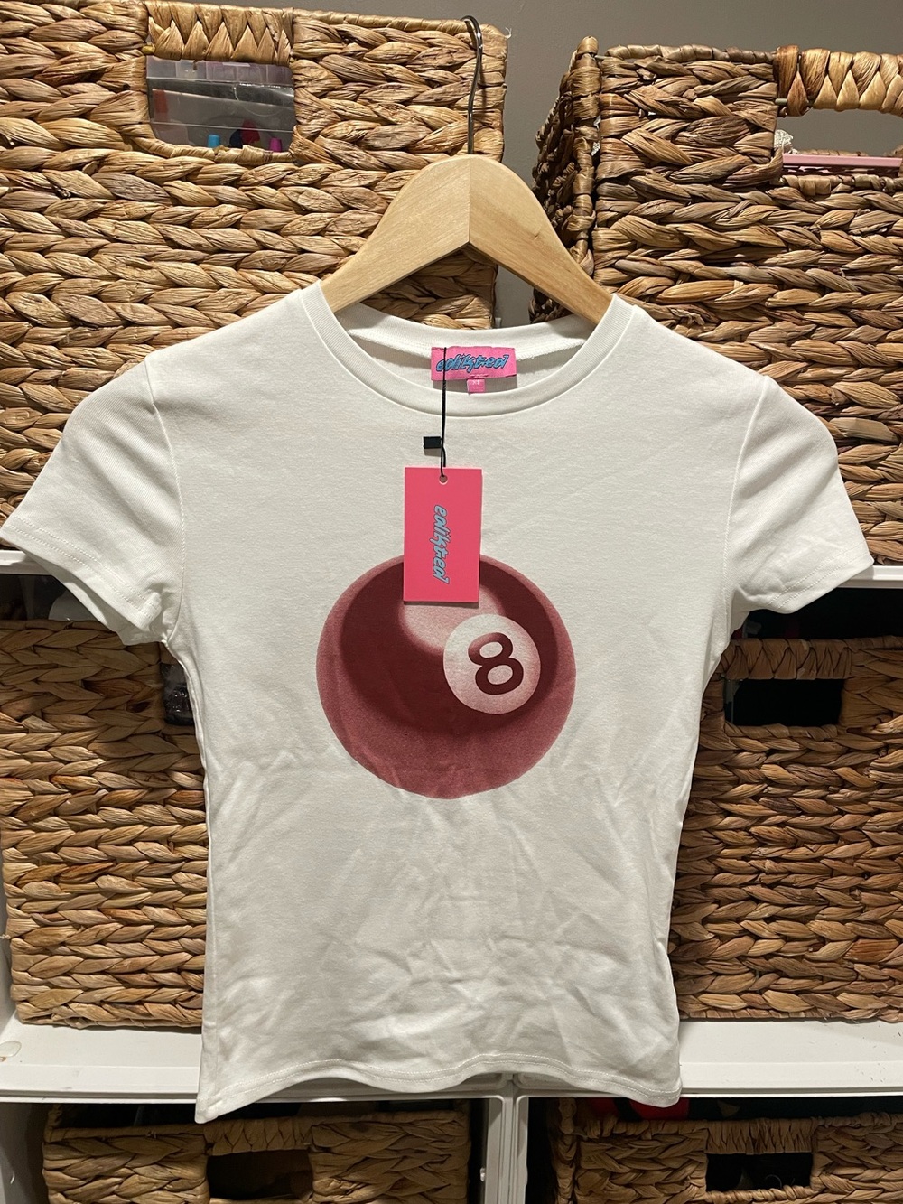 Edikted White 8-Ball Graphic Baby Tee - Women's XS